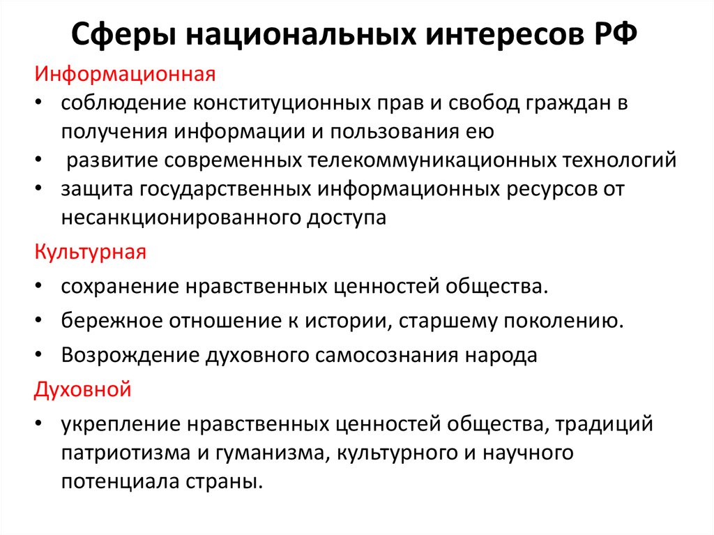 Сферы национальной безопасности. Соблюдение конституционных прав и свобод в информационной сфере. Информационный интерес. Национальные проблемы России. Национальные сферы.