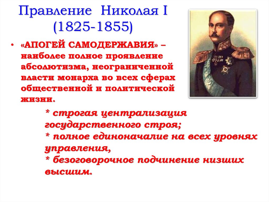 Поражение николая 1. Правление Николая i (1825-1855). Российская Империя в царствование Николая 1 1825-1855.