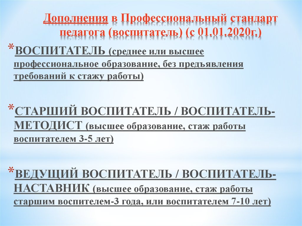 Дополнения в Профессиональный стандарт педагога (воспитатель) (с 01.01.2020г.)
