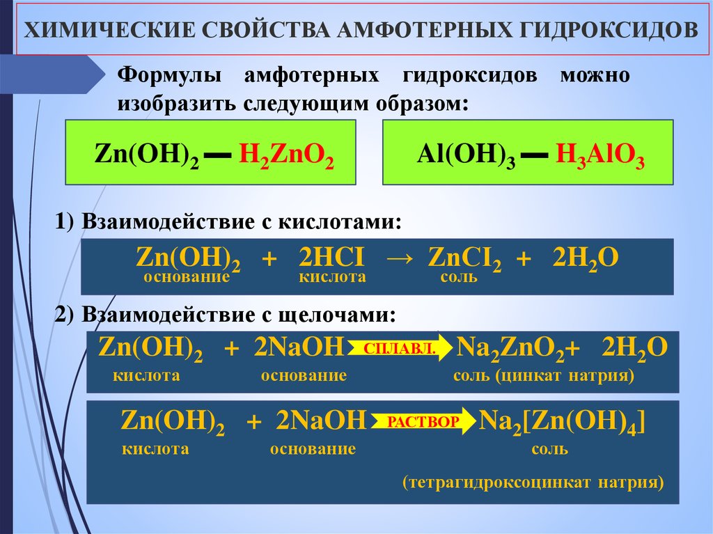 Реакции оснований 8 класс химия. Химические свойства амфотерных гидроксидов таблица. Амфотерный гидроксид формула вещества. Химические свойства амфотерных оксидов и гидроксидов таблица 8 класс. Амфотерный гидроксид плюс соль.