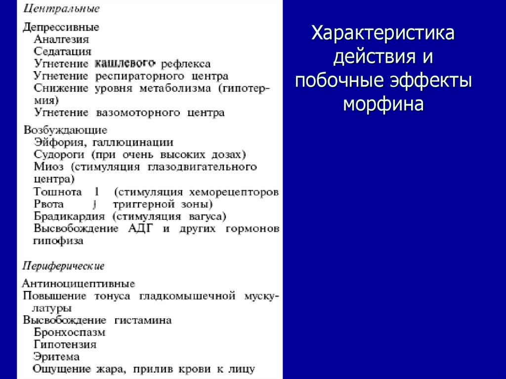 Характеристика действия. Побочные эффекты морфина. Побочные действия морфина. Фармакологические эффекты морфина. Побочные эффект моофина.