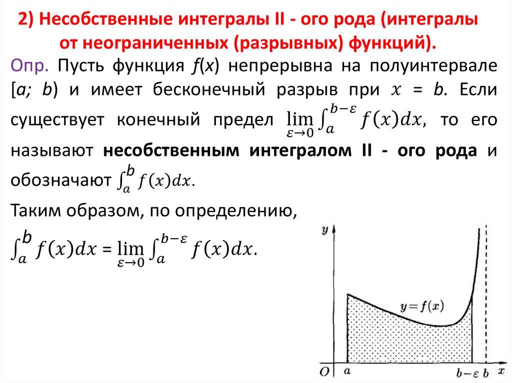 2) Несобственные интегралы II - ого рода (интегралы от неограниченных (разрывных) функций).