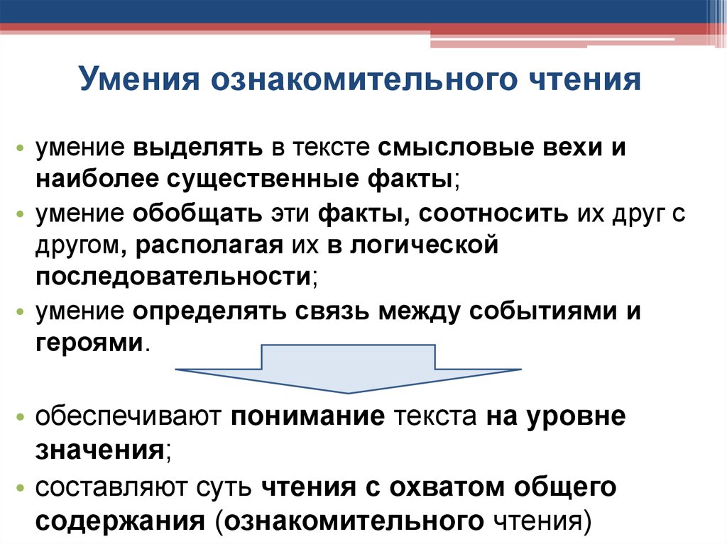 Существенные факты. Навыки ознакомительного чтения. Умение выделять главное. Суть ознакомительного чтения. Последовательность обучения ознакомительному чтению.