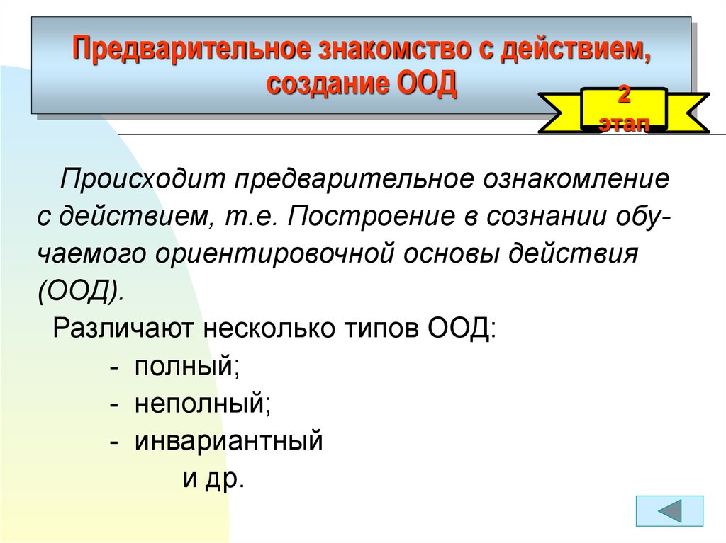 Основа действия. ООД ООП. Видов ориентировочной основы действия инвариантная. Предварительное ознакомление с действием и условием его выполнения. ООД до достижения.