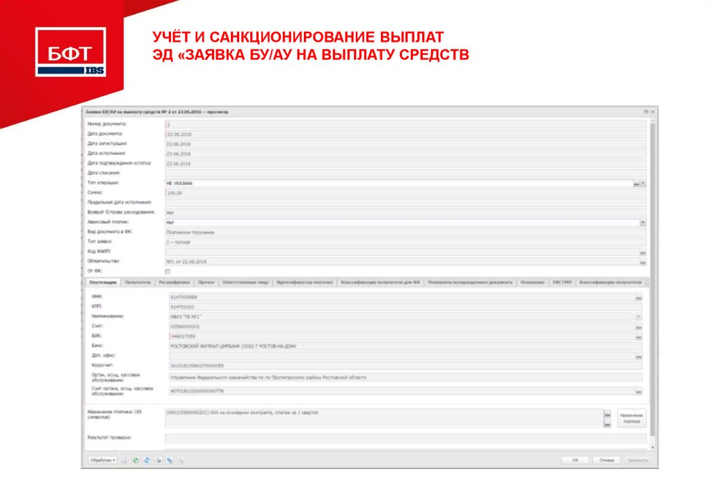 Учёт и санкционирование выплат ЭД «Заявка БУ/АУ на выплату средств