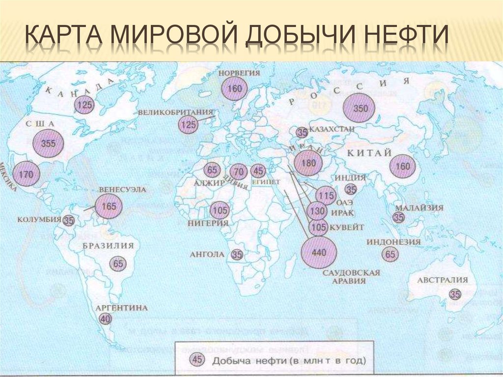 Мировая пятерка. Карта месторождений нефти в мире.