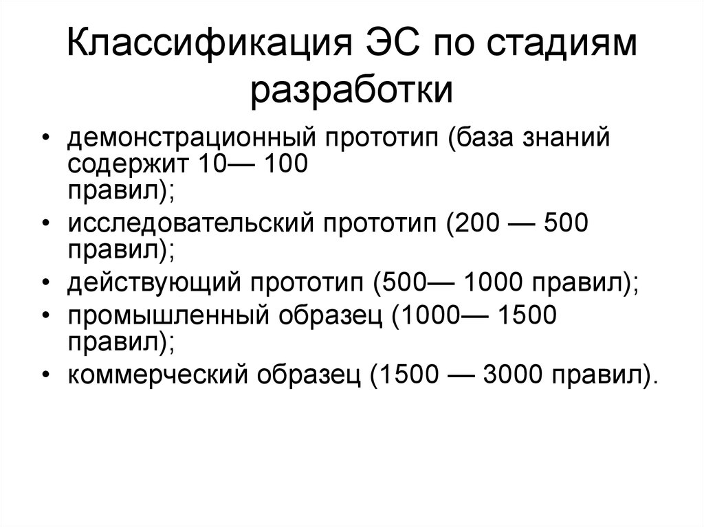 Степень разработки. Классификация по стадиям. Классификация прототипов. - Прототипы ЭС (стадии развития ЭС);. База знаний содержит.