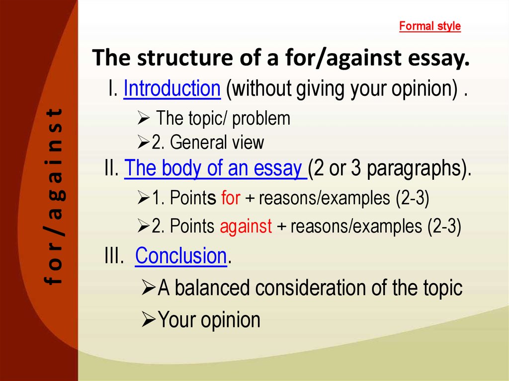 phrases for for and against essay