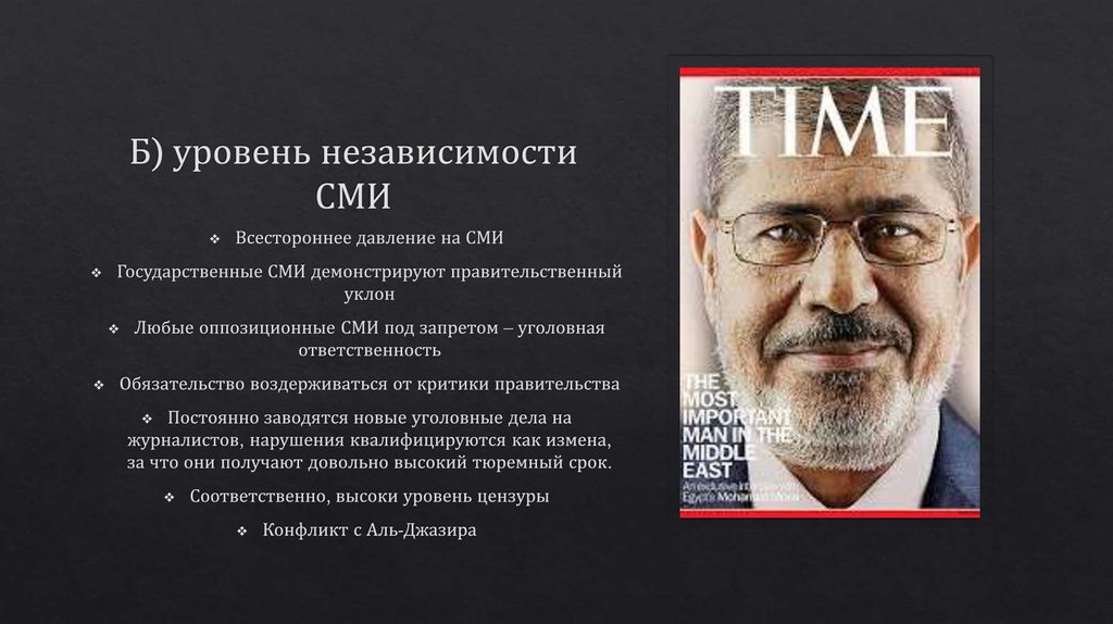 Б) уровень независимости СМИ