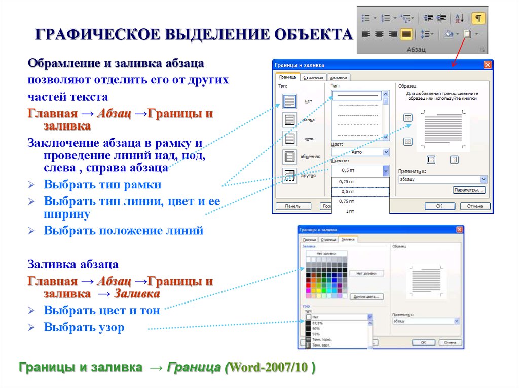 Составляющие текста абзац. Графическое выделение абзаца: обрамление и заливка.. Как выделить графические объекты. Обрамление и заливка абзаца. Как сделать графический объект.