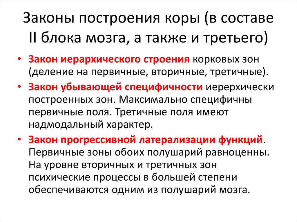 3 закон работа. Закон построения коры. Закон иерархического строения корковых зон. Закон построения. Законы второго блока мозга.