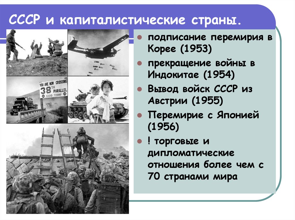 Заключение перемирия. СССР И капиталистические страны. Прекращение войны в Индокитае. Вывод войск из Австрии 1955. Вывод советских войск из Австрии в 1955.