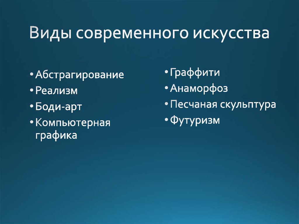 Искусство список. Виды современного искусства. Виды СОВРЕМЕННОГОИ скуссттва. Виды современного искувст. Виды совершенного искусства.