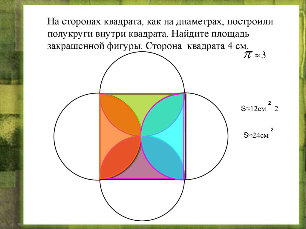 Сторона квадрата равна 6 2 найдите. Площадь круга в квадрате. Четыре построения круга в квадрате. Площадь s закрашенной фигуры. На сторонах квадрата как на диаметрах построили.