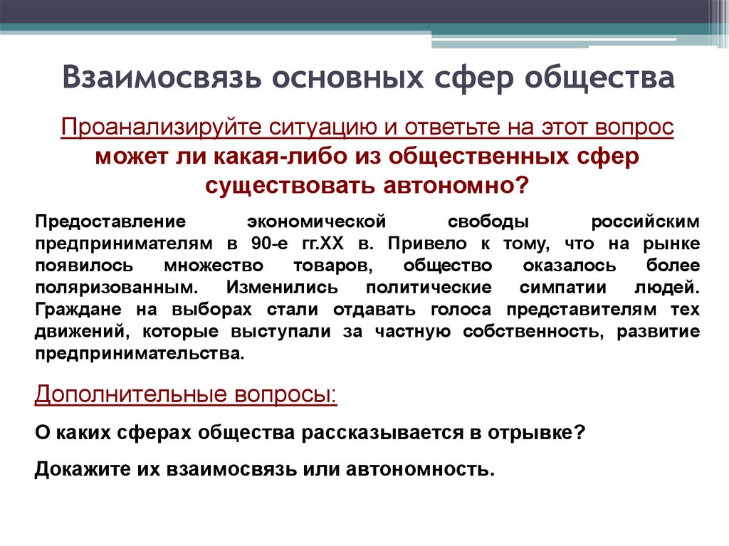 Главной сферой. Взаимосвязь сфер общества. Взаимосвязь основных сфер общества. Примеры взаимодействия сфер общественной жизни. Взаимосвязь сфер общественной жизни.