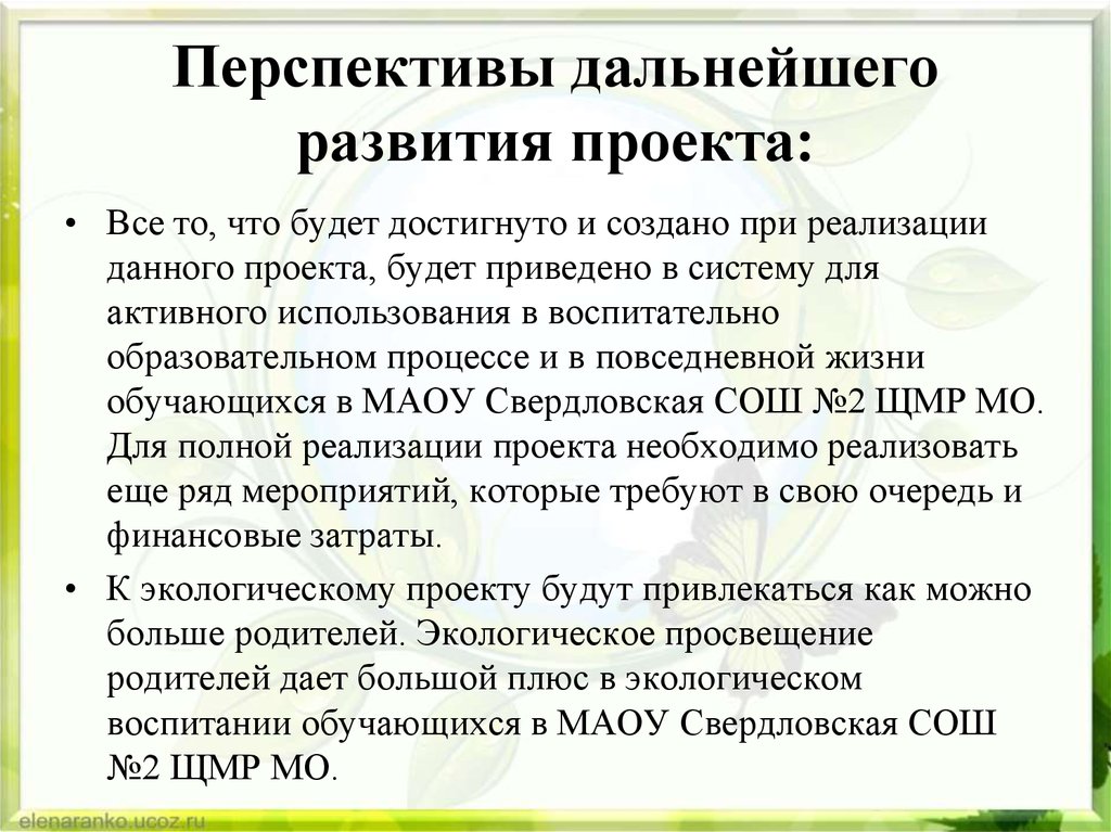 Перспективы дальнейшей работы над проектом пример