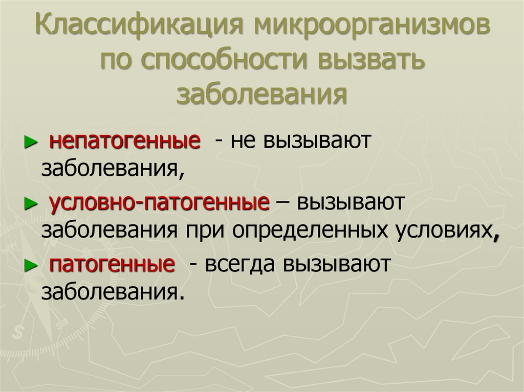 Условная инфекция. Классификация микроорганизмов. Классификация бактерий вызывают заболевания. Способность микроорганизмов вызывать заболевания. Патогенные условно патогенные и непатогенные микроорганизмы.