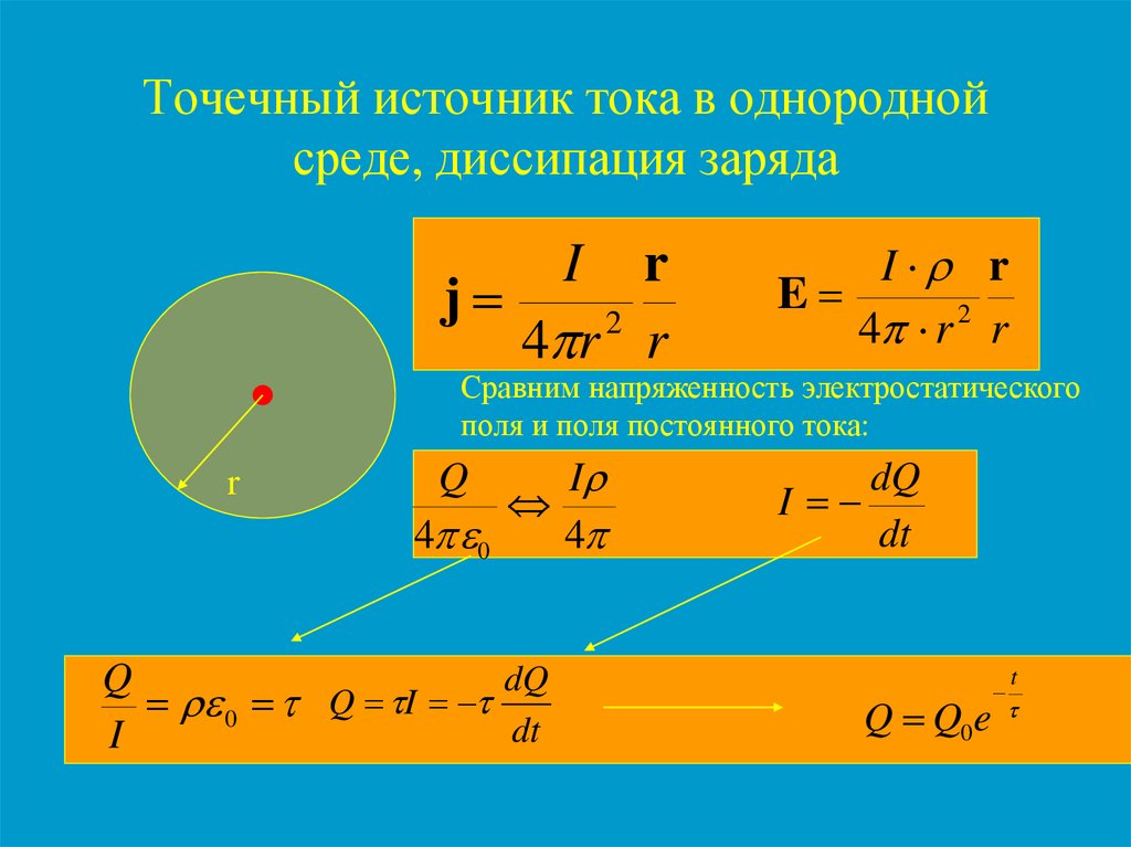 Поле постоянного тока. Поле точечного источника. Точечный источник тока. Потенциал поля точечного источника. Поле точечного заряда потенциала в среде.