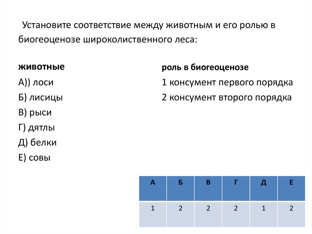 Установите соответствие между животными