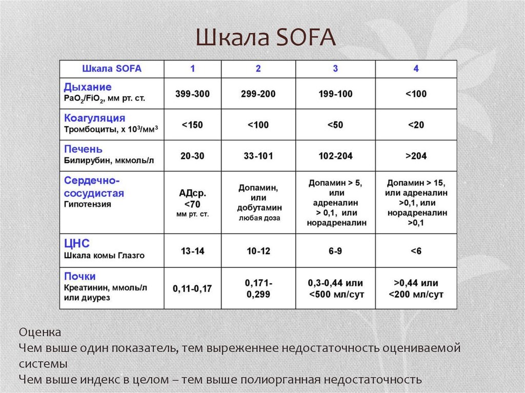 Sofa шкала тяжести состояния