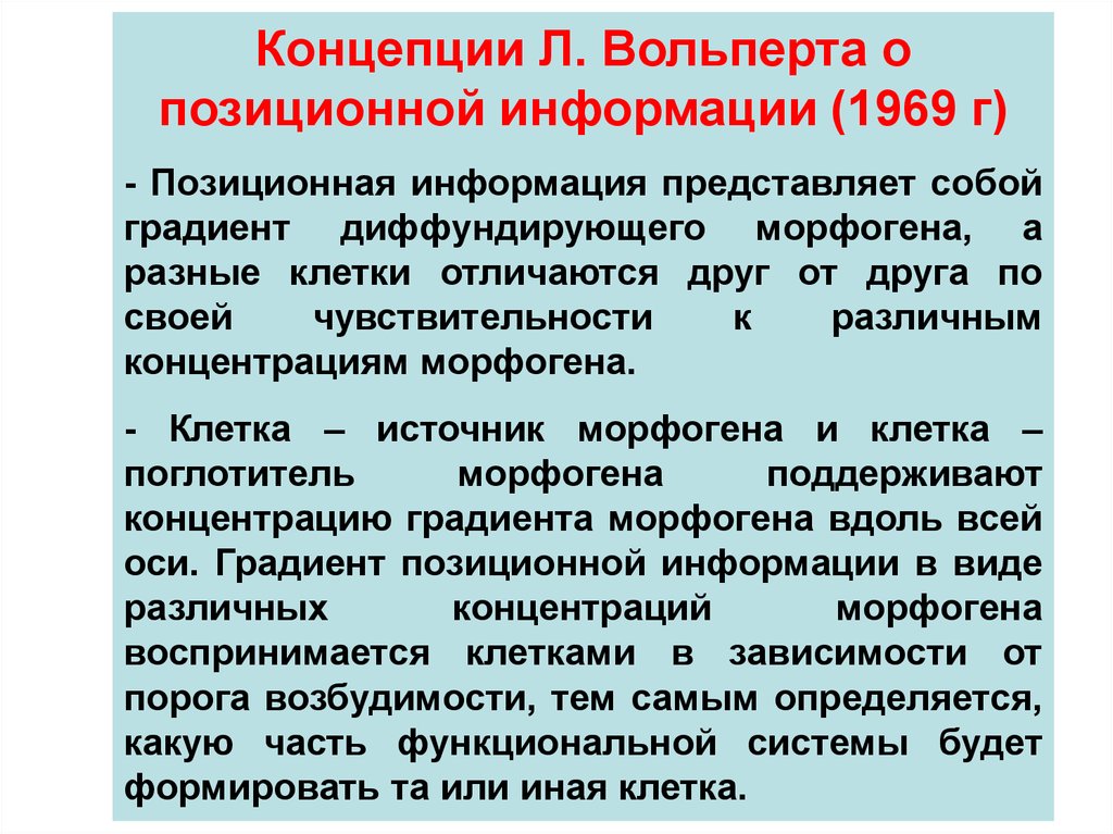 Концепции информации. Теория позиционной информации. Позиционная информация. Гипотеза позиционной информации. Концепция физиологических градиентов позиционной информации.