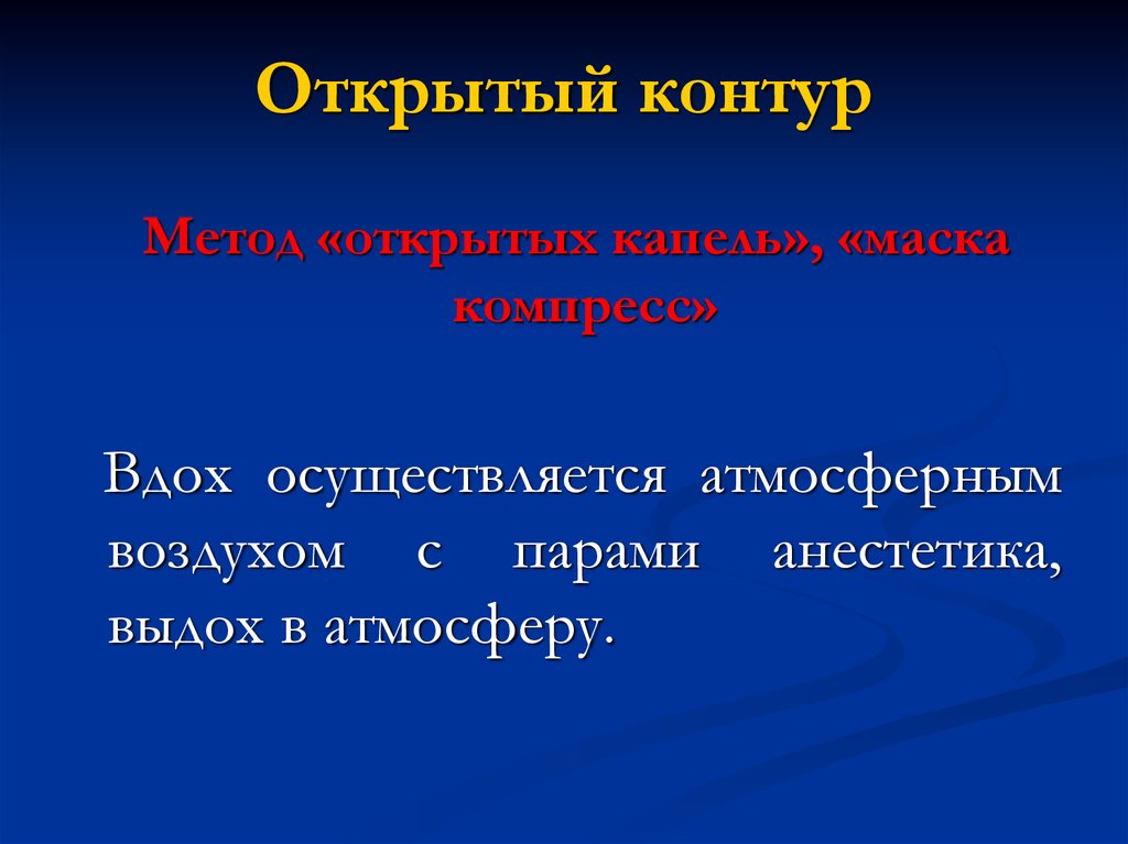 Открытый контур. Технология контуры. Вдох анестетика из атмосферы и его выдох в атмосферу. Открытый контур характеризуется.