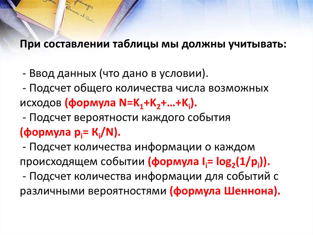 Какие условия следует учесть при составлении плана. Для составления таблицы необходимо:. Число всевозможных исходов формула. Формула подсчета кое. Формула для расчета общего количества исходов.