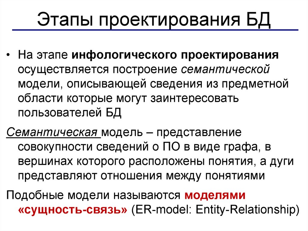 Проектирование бд. Концептуальное (Инфологическое) проектирование. Построение семантической модели предметной области. Этап инфологического проектирования. • Этапы инфологической моделирования:.