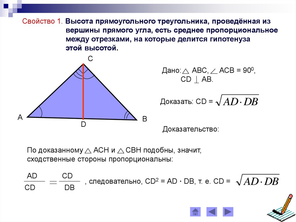 Отношение частей высоты. Свойство высоты прямоугольного треугольника доказательство. Высота из прямого угла прямоугольного треугольника свойства. Высота прямоугольлного Теру. Свойства высоты в прямоугольном треугольнике.