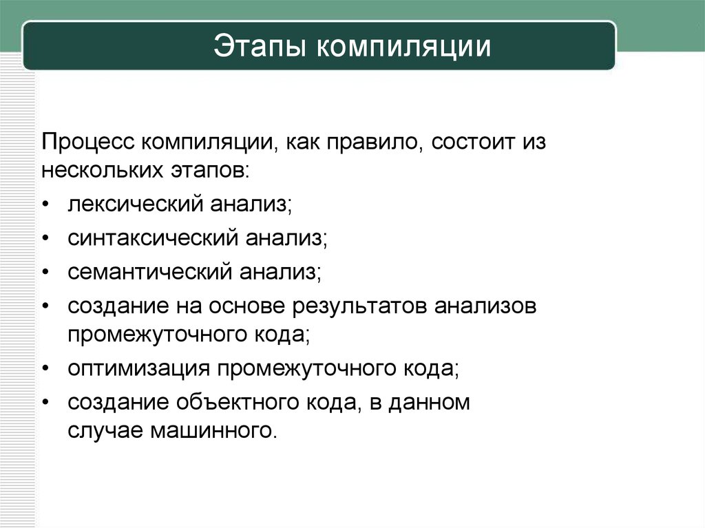 Состоит из следующих. Стадии компиляции. Этапы компиляции. Этапы процесса компиляции. Фазы компиляции программ.