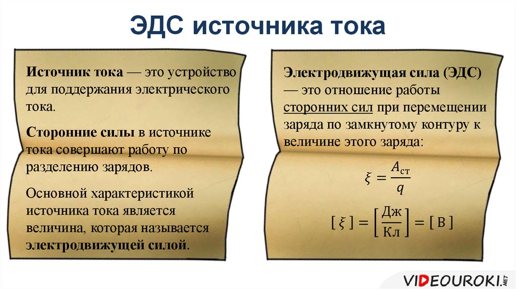 Сила тока 1 3. ЭДС источника тока. Источник ЭДС И источник тока. Источник тока его электродвижущая сила. Электродвижущая сила источника тока (ЭДС).