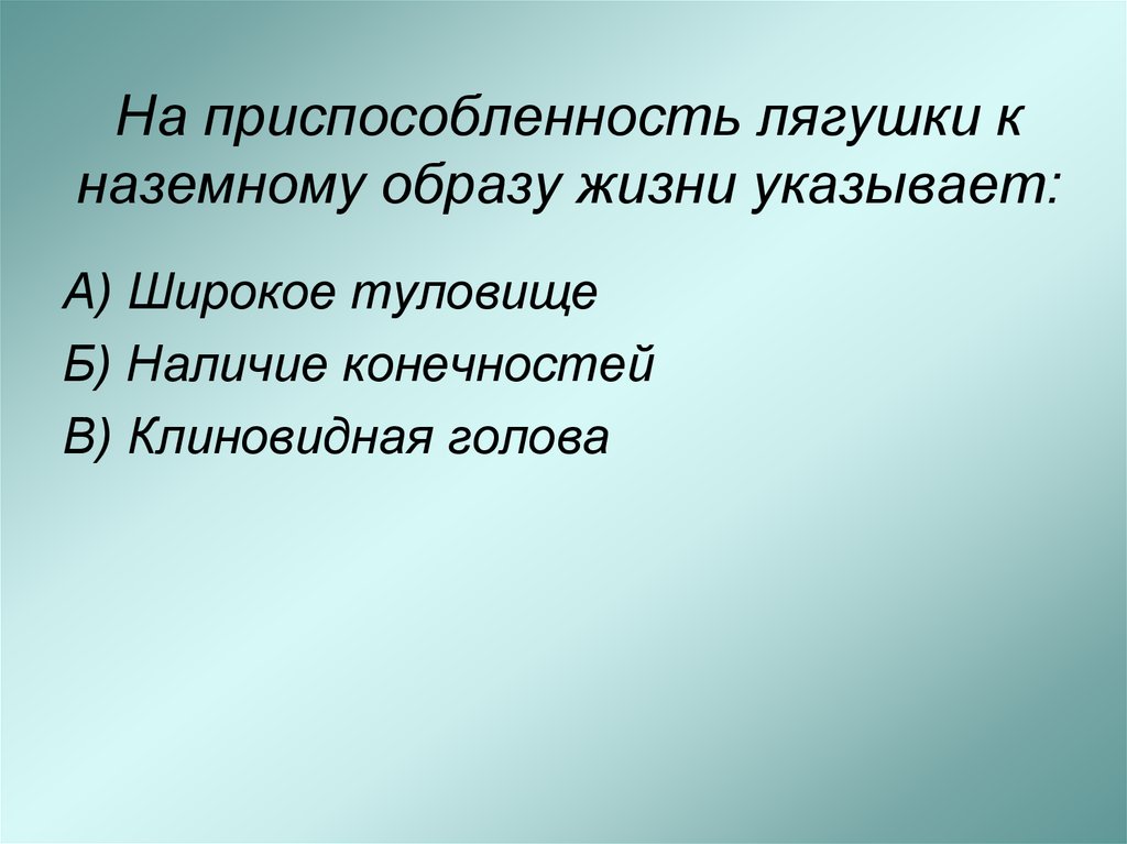 На приспособленность лягушки к обитанию в воде указывает ответ. На приспособление лягушки к наземному образу жизни указывает. Широкое туловище указывает на Наземный образ жизни. Наземный образ жизни.