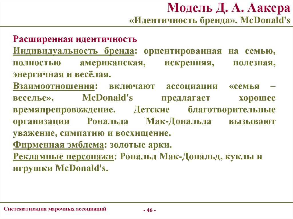 Модель Д. А. Аакера «Идентичность бренда». McDonald's