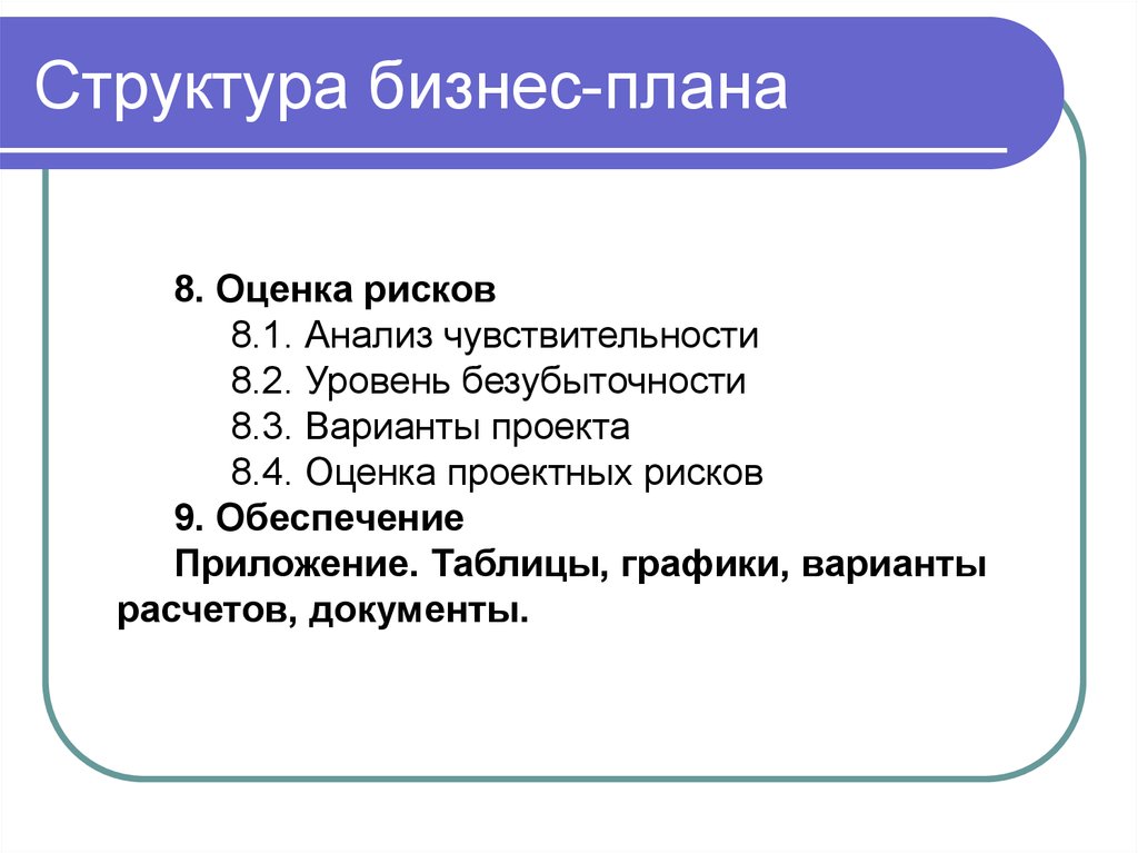 В состав бизнес плана включаются следующие разделы