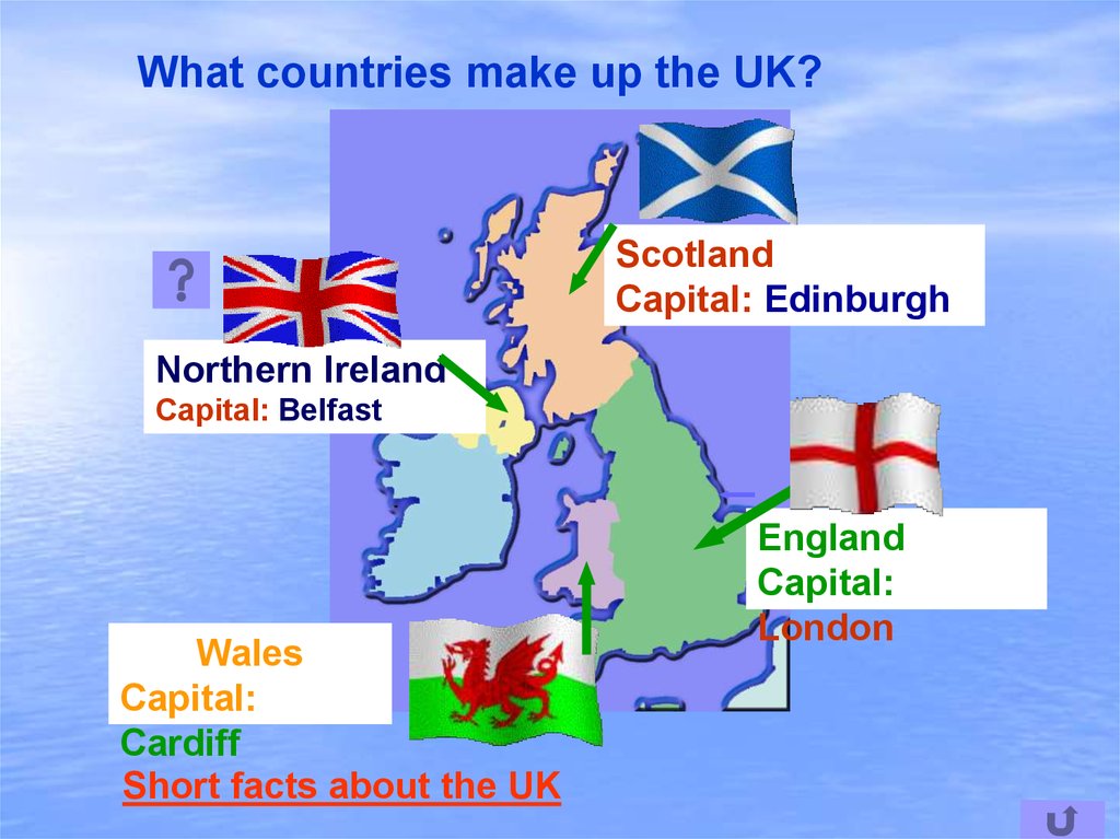 Consist of northern ireland. The uk consist of 4 Parts: England, Scotland, Wales and Northern Ireland.. Four Parts of the uk. Capitals of the uk Countries. Kingdom of great Britain.