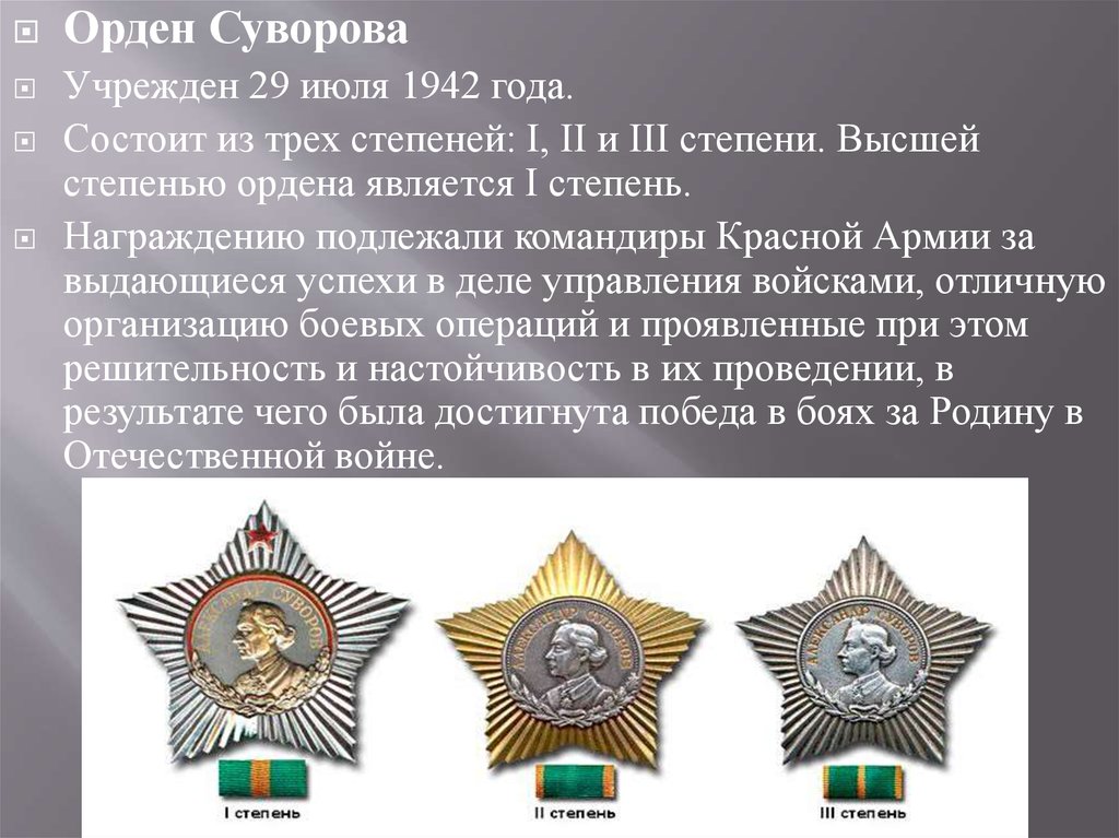 Учрежден 29 июля 1942 г. Ордена Суворова 1942. Орден учрежден 29 июля 1942 года. Орден Суворова III степени. Орден Суворова 1 степени.