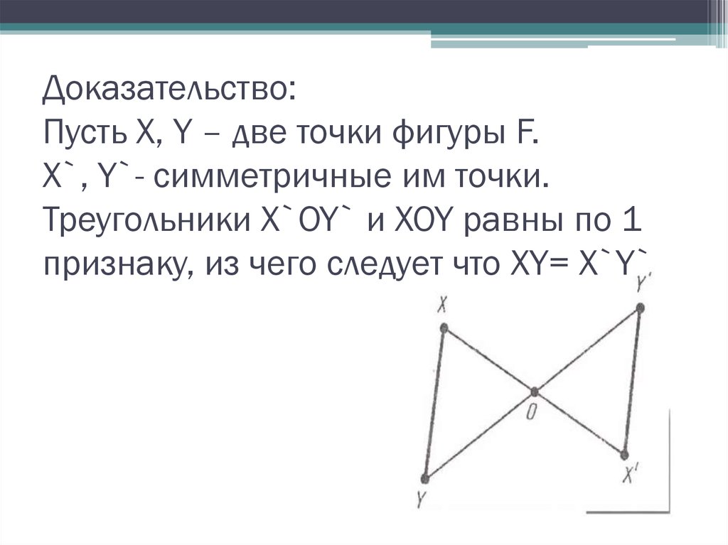 Доказательство: Пусть X, Y – две точки фигуры F. X`, Y`- симметричные им точки. Треугольники X`OY` и XOY равны по 1 признаку,