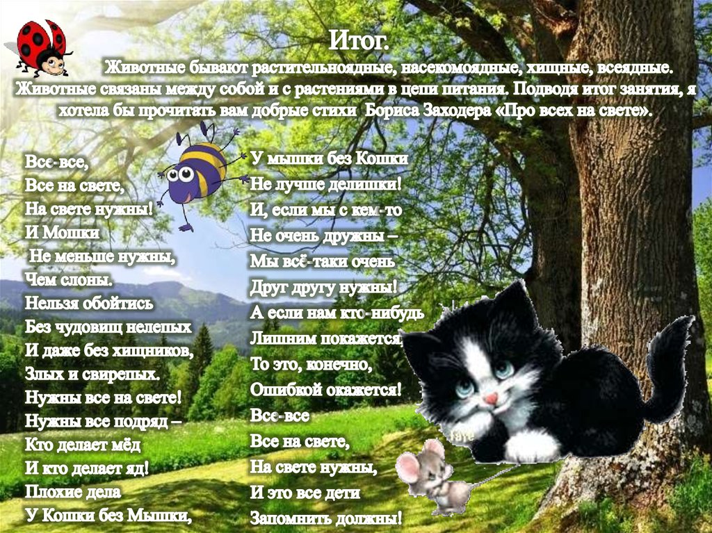 Итог. Животные бывают растительноядные, насекомоядные, хищные, всеядные. Животные связаны между собой и с растениями в цепи