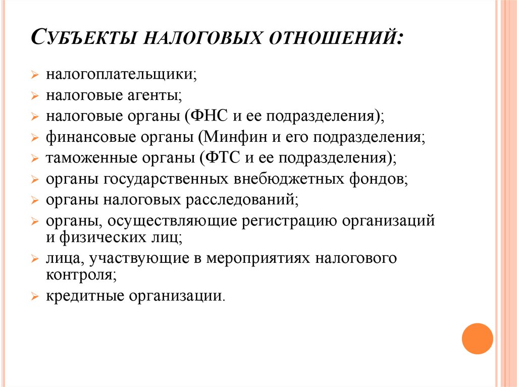 Субъекты налоговых правоотношений схема