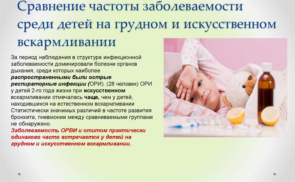 Сравнение частоты заболеваемости среди детей на грудном и искусственном вскармливании