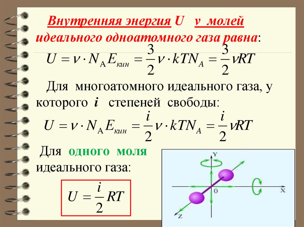 Внутренняя энергия U ν молей идеального одноатомного газа равна: Для многоатомного идеального газа, у которого i степеней