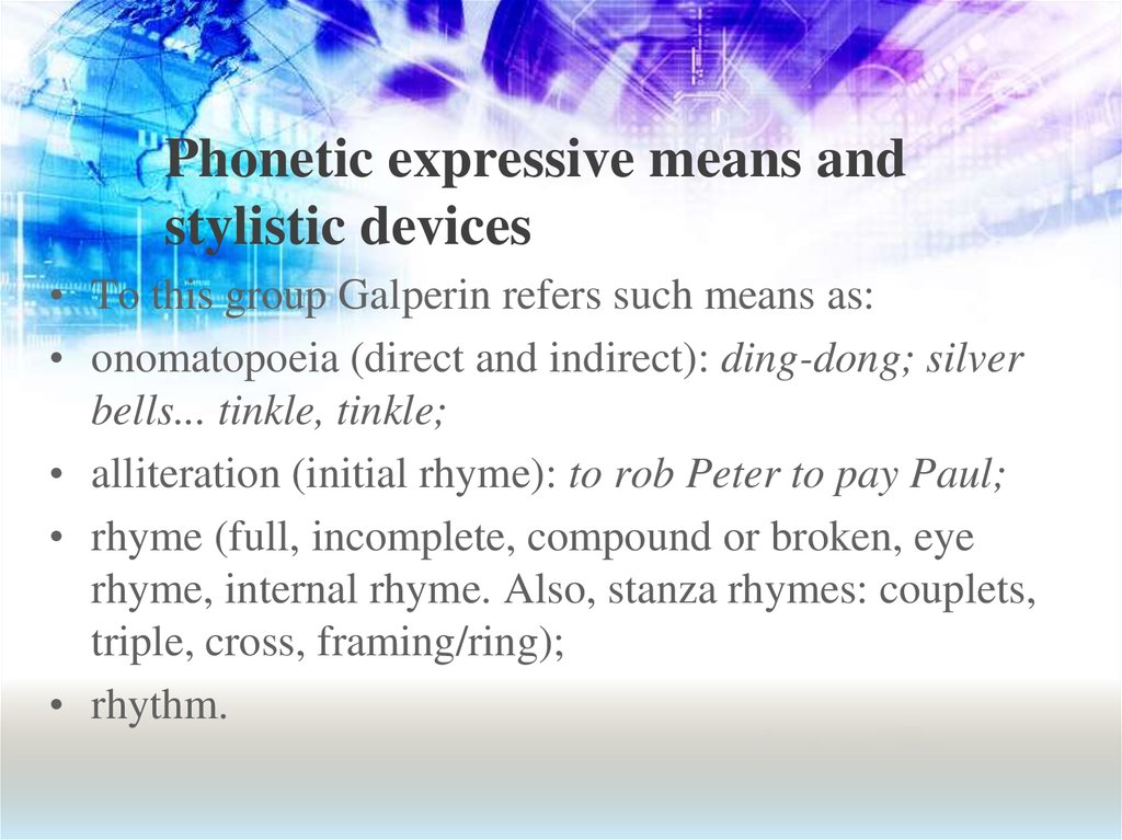 Phonetic expressive means and stylistic devices