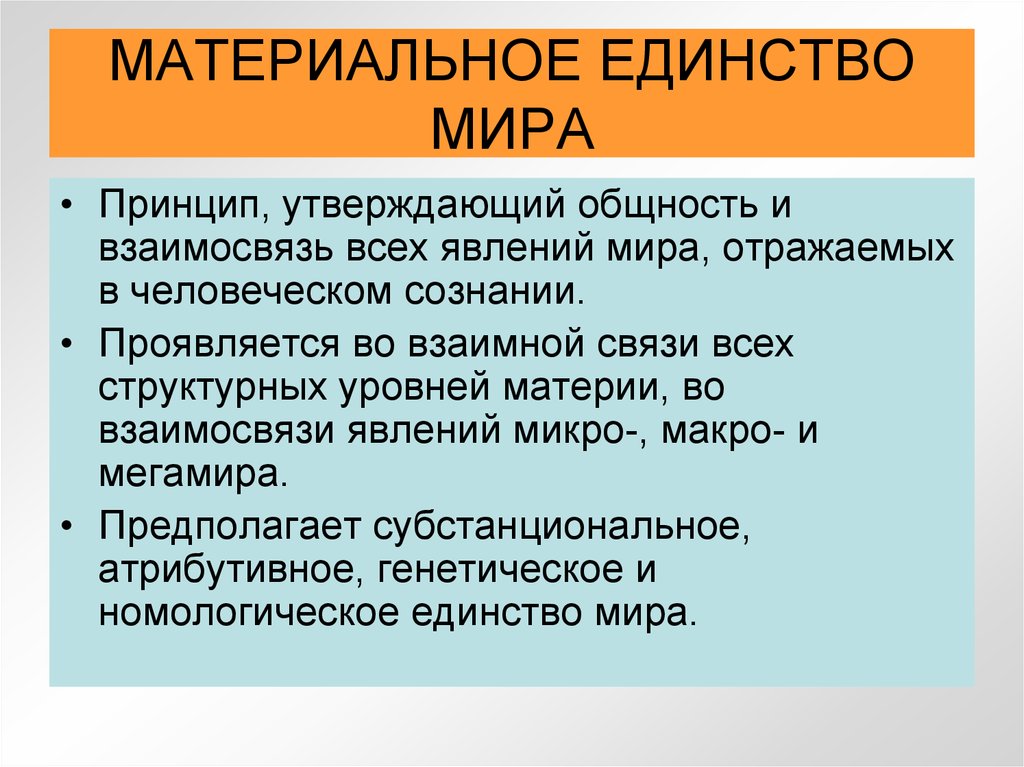 В чем заключалась идея единства. Принцип материального единства.