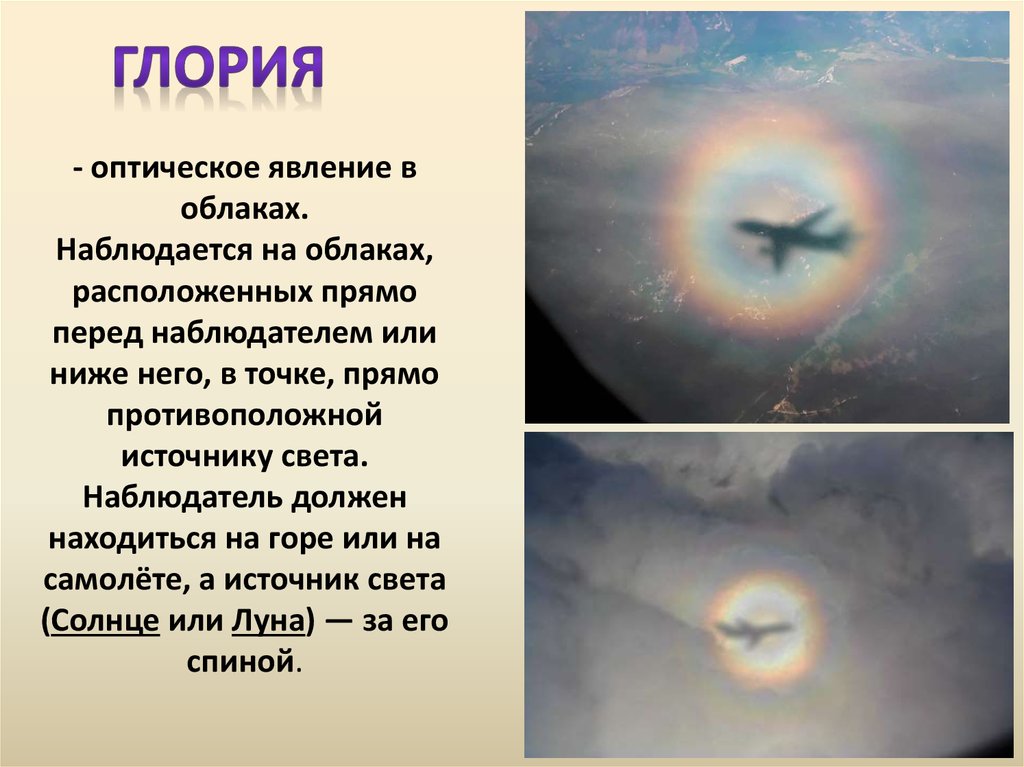 Взгляд на явление. Оптические явления в атмосфере Глория. Гло́рия оптическое явление в облаках. Глория оптическое явление в облаках. Глория явление в атмосфере.