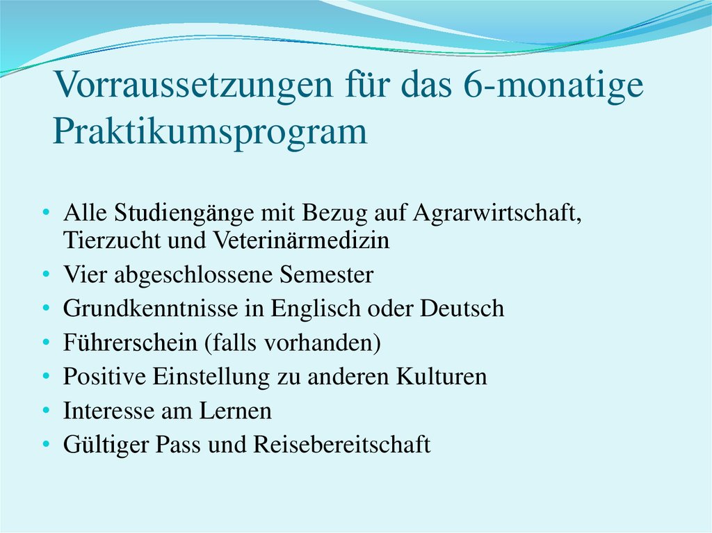 Vorraussetzungen für das 6-monatige Praktikumsprogram