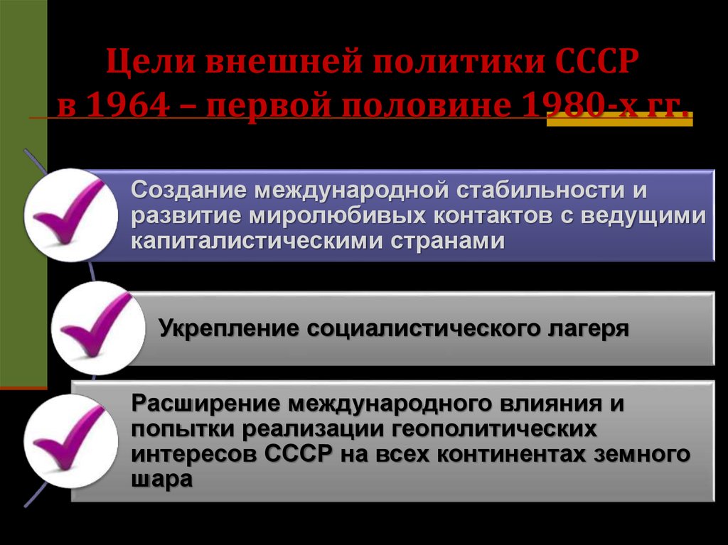 Цели внешней политики ссср в 1920 е. Цели внешней политики СССР. Цели внешней политики СССР В 1964 первой половине 1980-х гг. Цели СССР во внешней политике. Внешняя политика в первой половине 1980-х гг.