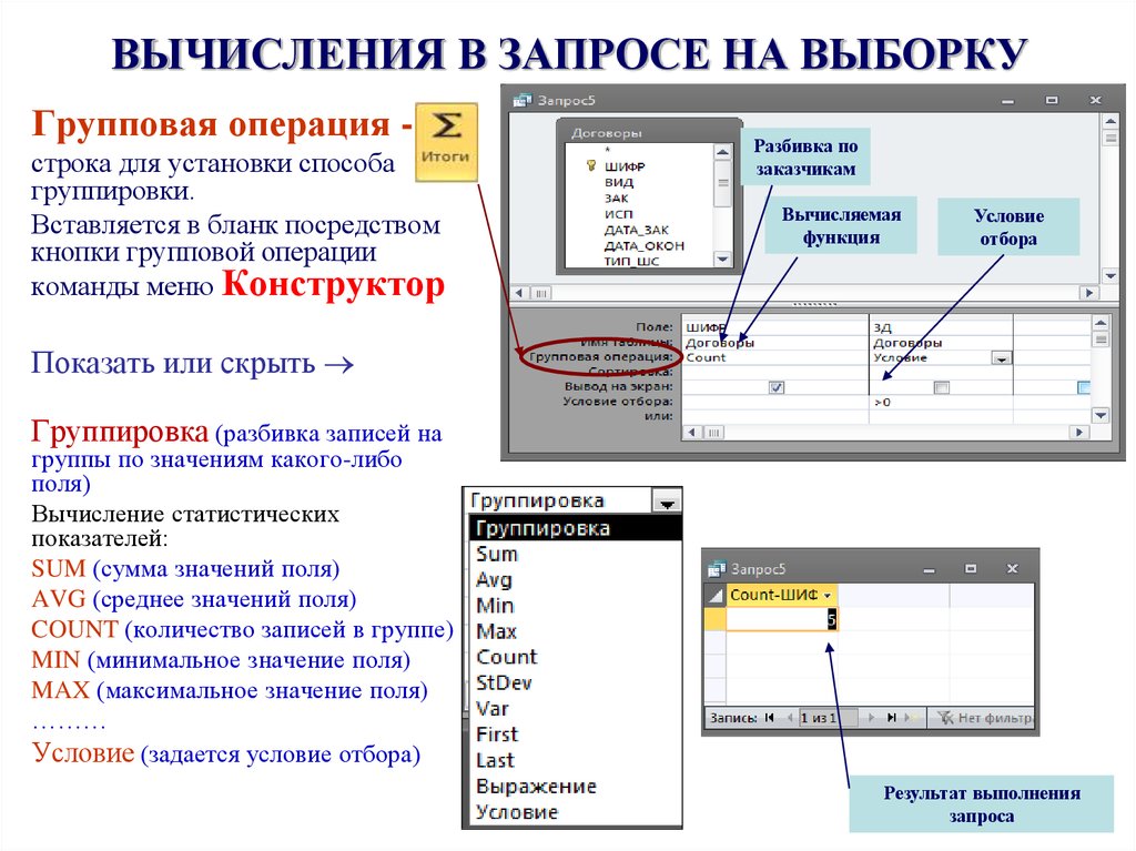 Операции используемые в строках. Вычисляемый запрос в access. Запрос с вычисляемым полем. Запрос на выборку. Запрос на выборку с группировкой.