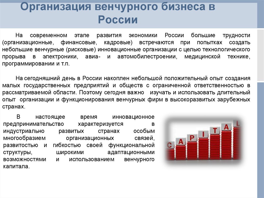 Создание венчурных предприятий обеспечивающих реализацию высокорисковых проектов называется