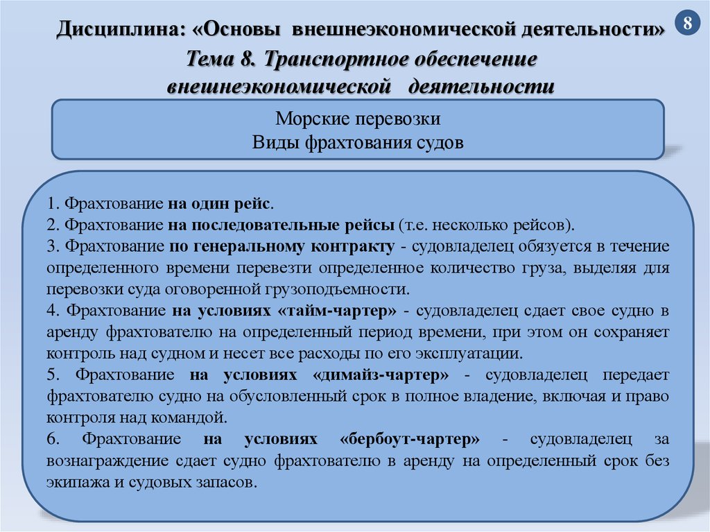 Отличие фрахтования от. Виды фрахтов. Договор фрахтования судов виды. Основы внешнеэкономической деятельности. Транспортное обеспечение внешнеэкономической деятельности.