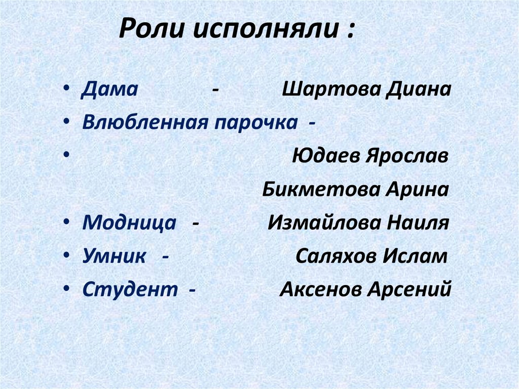 Роли исполняли :